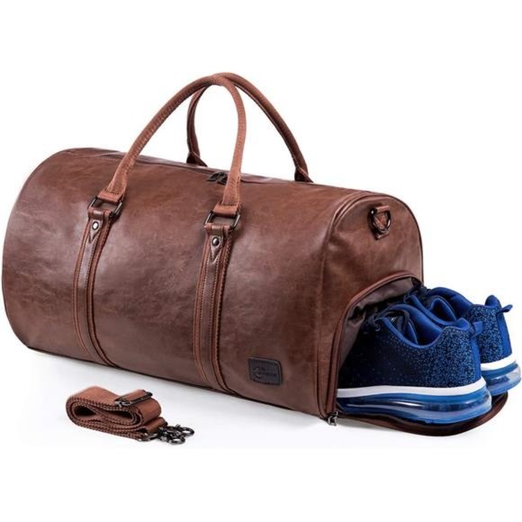Leather Travel Bag with Shoe Pouch, Waterproof Weekender Overnight Bag